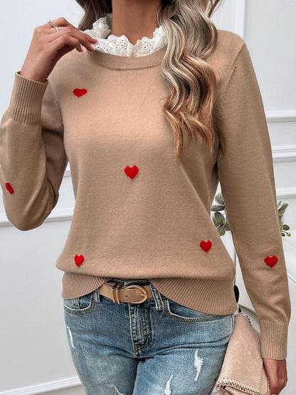 Devine Lace Detail Heart Long Sleeve Sweater-Angel Casuals