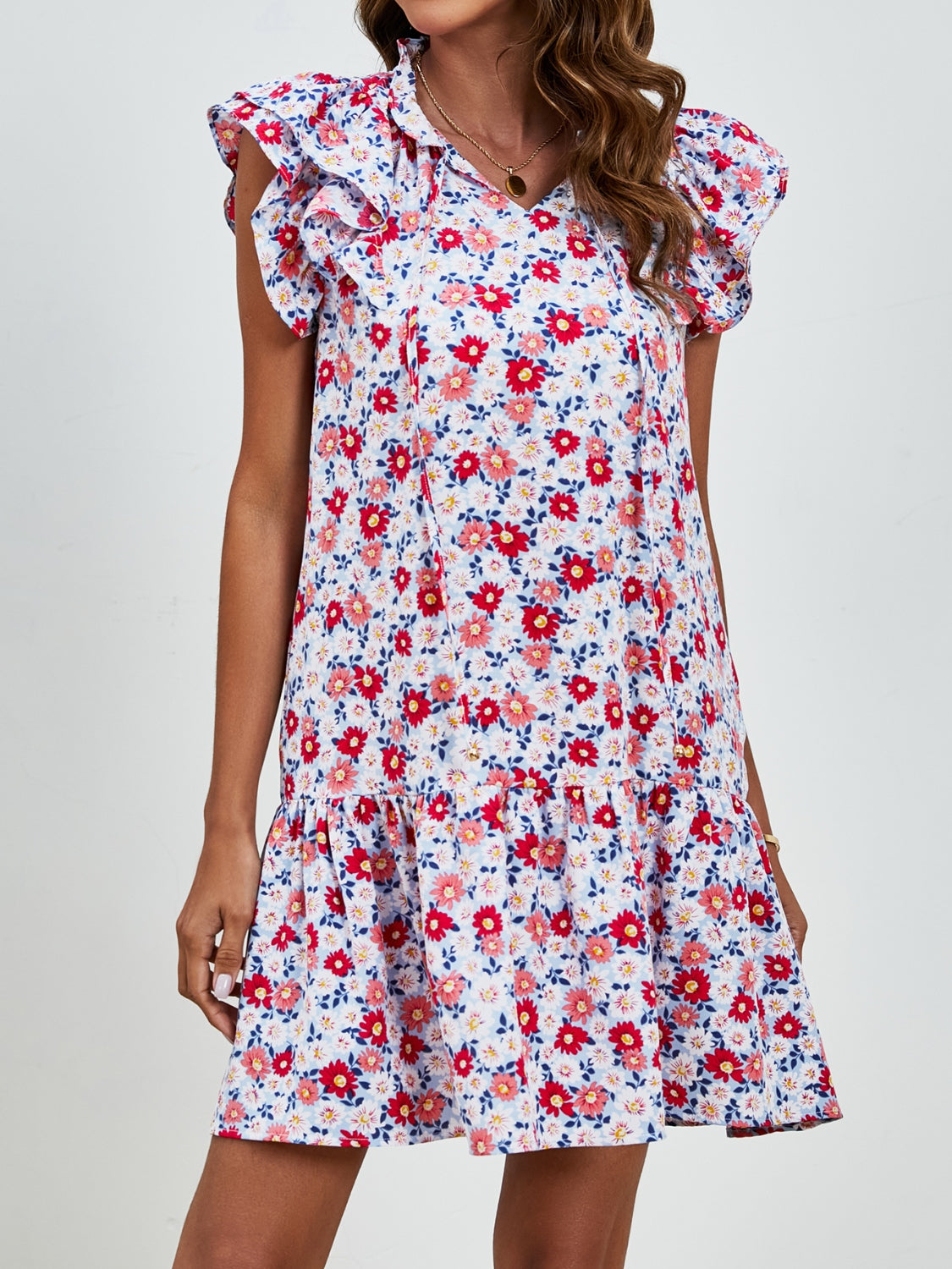 Tied Floral Cap Sleeve Mini Dress-Angel Casuals