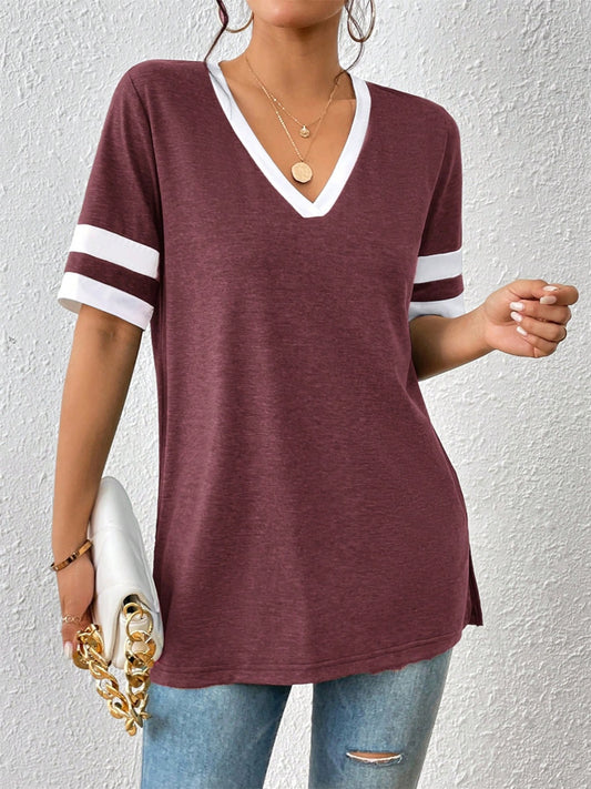 Contrast Trim V-Neck Short Sleeve T-Shirt-Angel Casuals