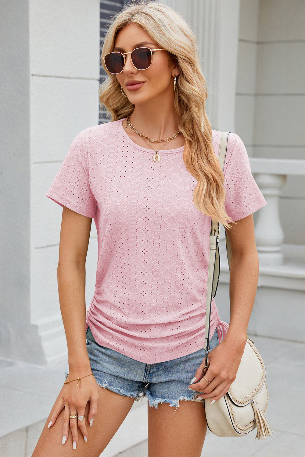 Eyelet Round Neck Short Sleeve T-Shirt-Angel Casuals