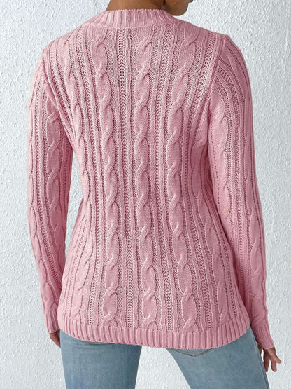 Cable-Knit Heart Round Neck Long Sleeve Sweater-Angel Casuals