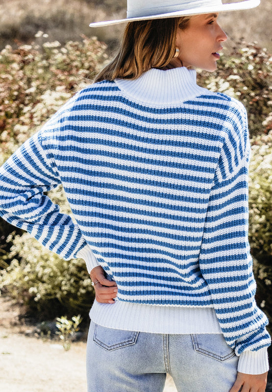 Striped Half Zip Mock Neck Long Sleeve Sweater-Angel Casuals