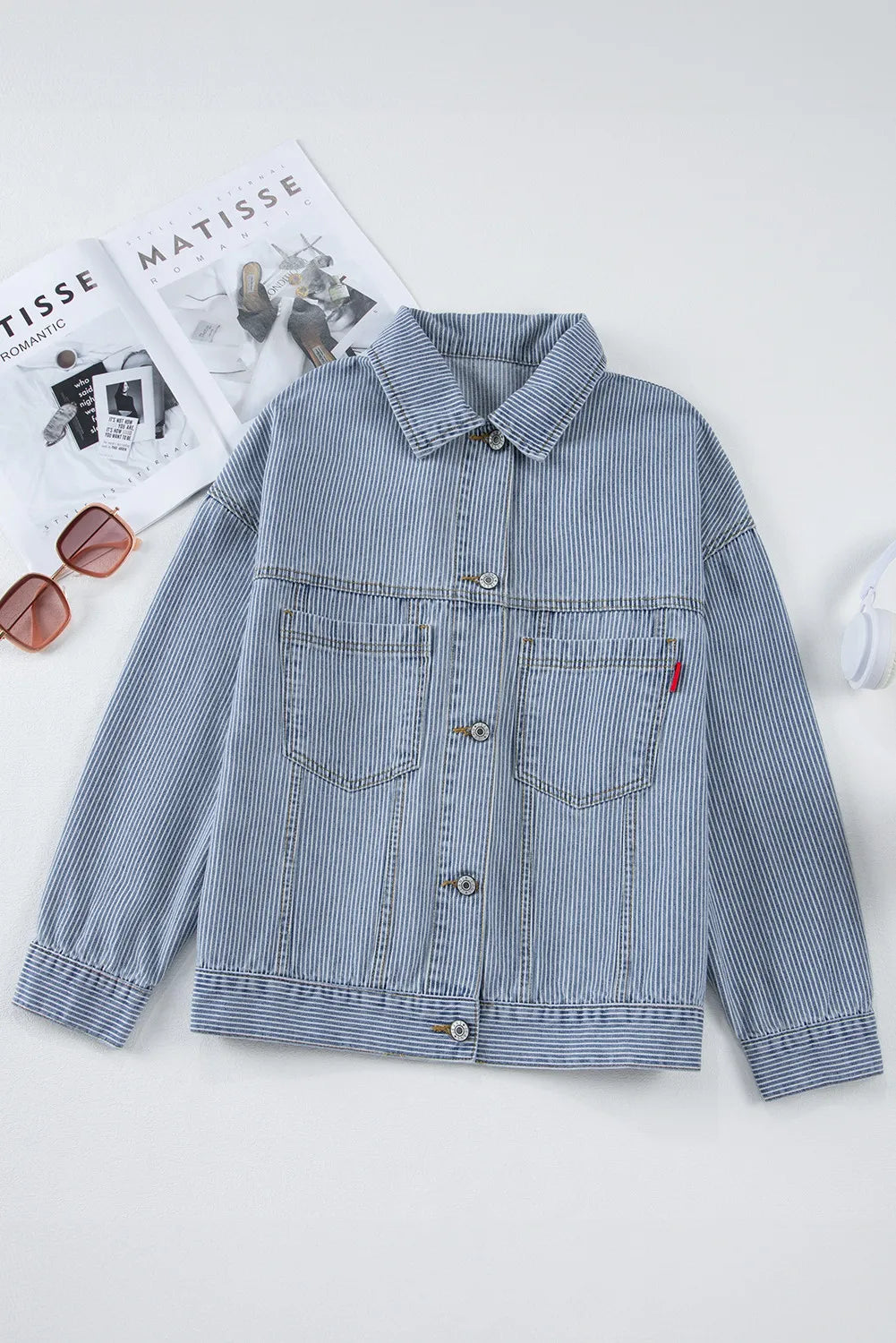 Striped Button Up Long Sleeve Denim Jacket-Angel Casuals