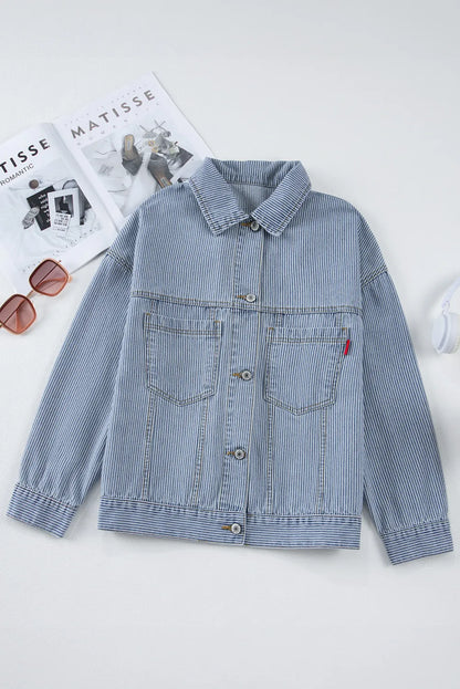 Striped Button Up Long Sleeve Denim Jacket-Angel Casuals