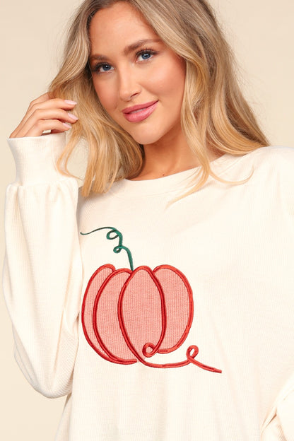 Haptics Full Size Embroidery Pumpkin Long Sleeve Knit Top-Angel Casuals