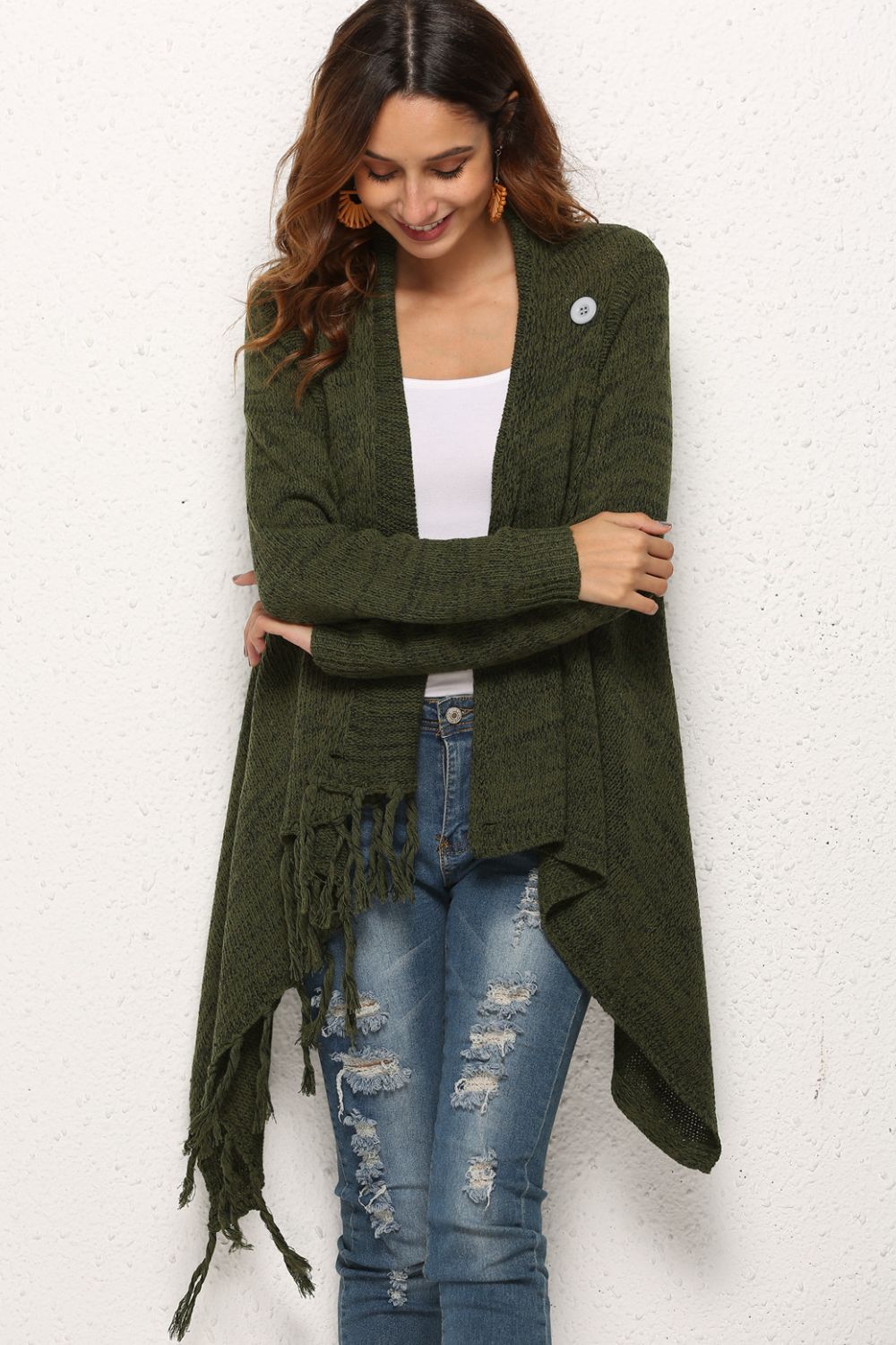 One-Button Tassel Tie Asymmetrical Hem Cardigan-Angel Casuals