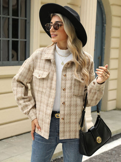 Plaid Collared Neck Long Sleeve Jacket-Angel Casuals