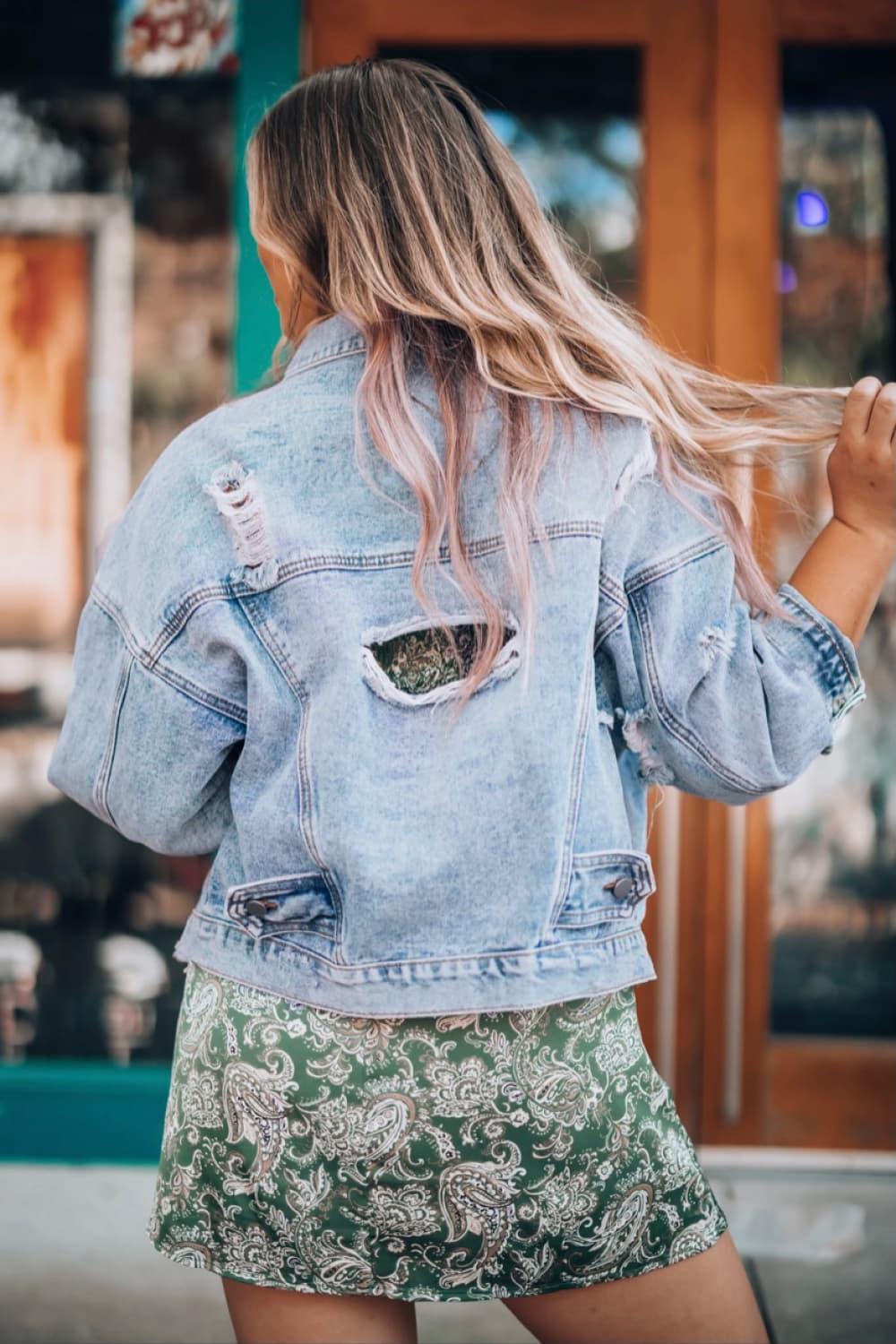 Distressed Drop Shoulder Denim Jacket-Angel Casuals