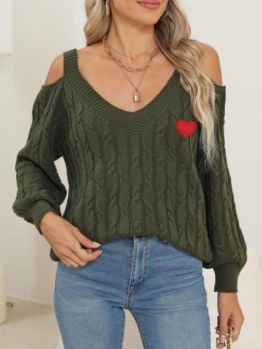 Cable-Knit Heart V-Neck Sweater-Angel Casuals