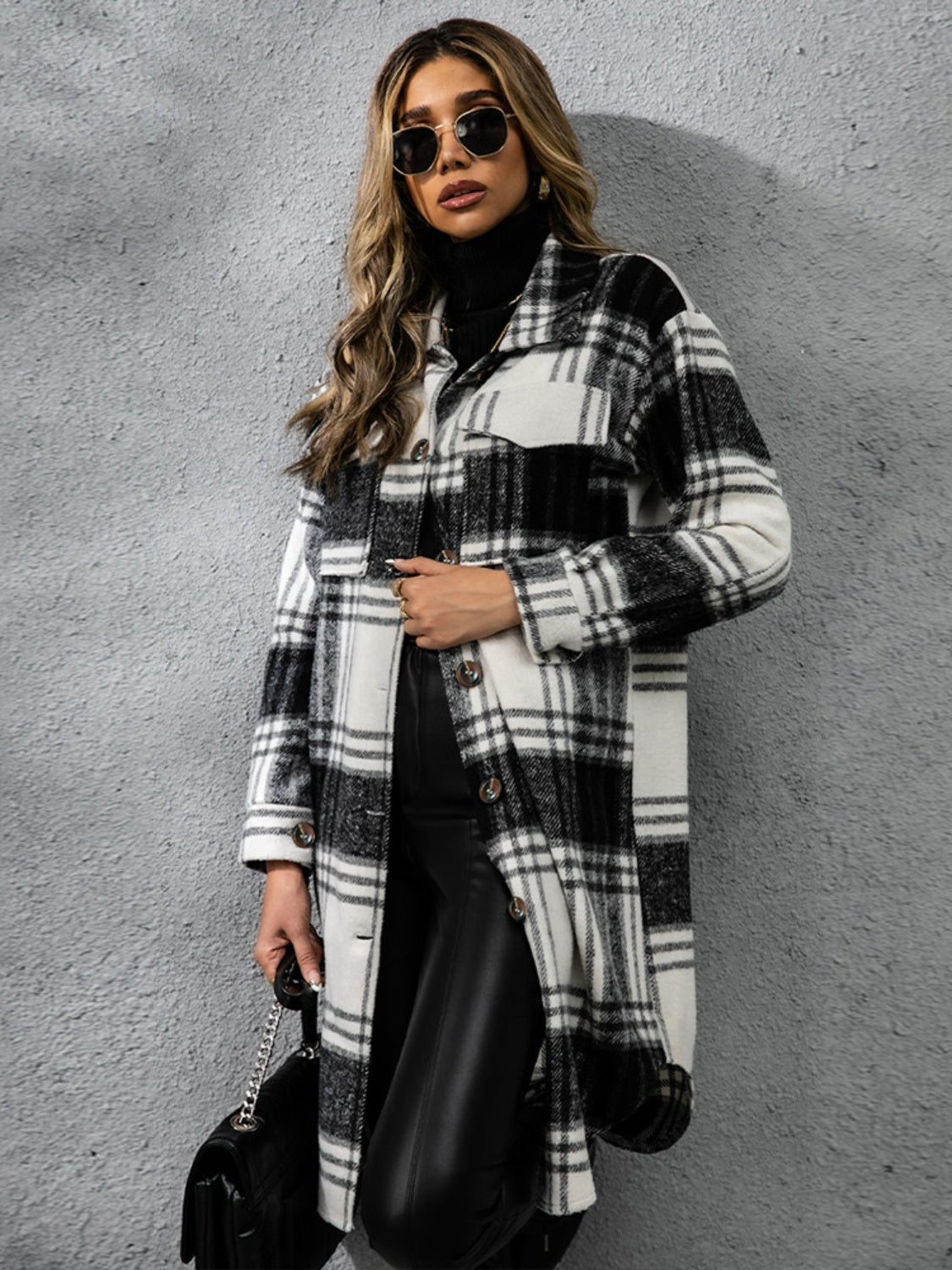 Plaid Collared Neck Long Sleeve Coat-Angel Casuals