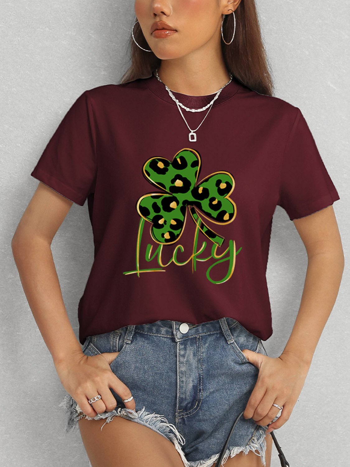 Lucky Clover Round Neck Short Sleeve T-Shirt-Angel Casuals