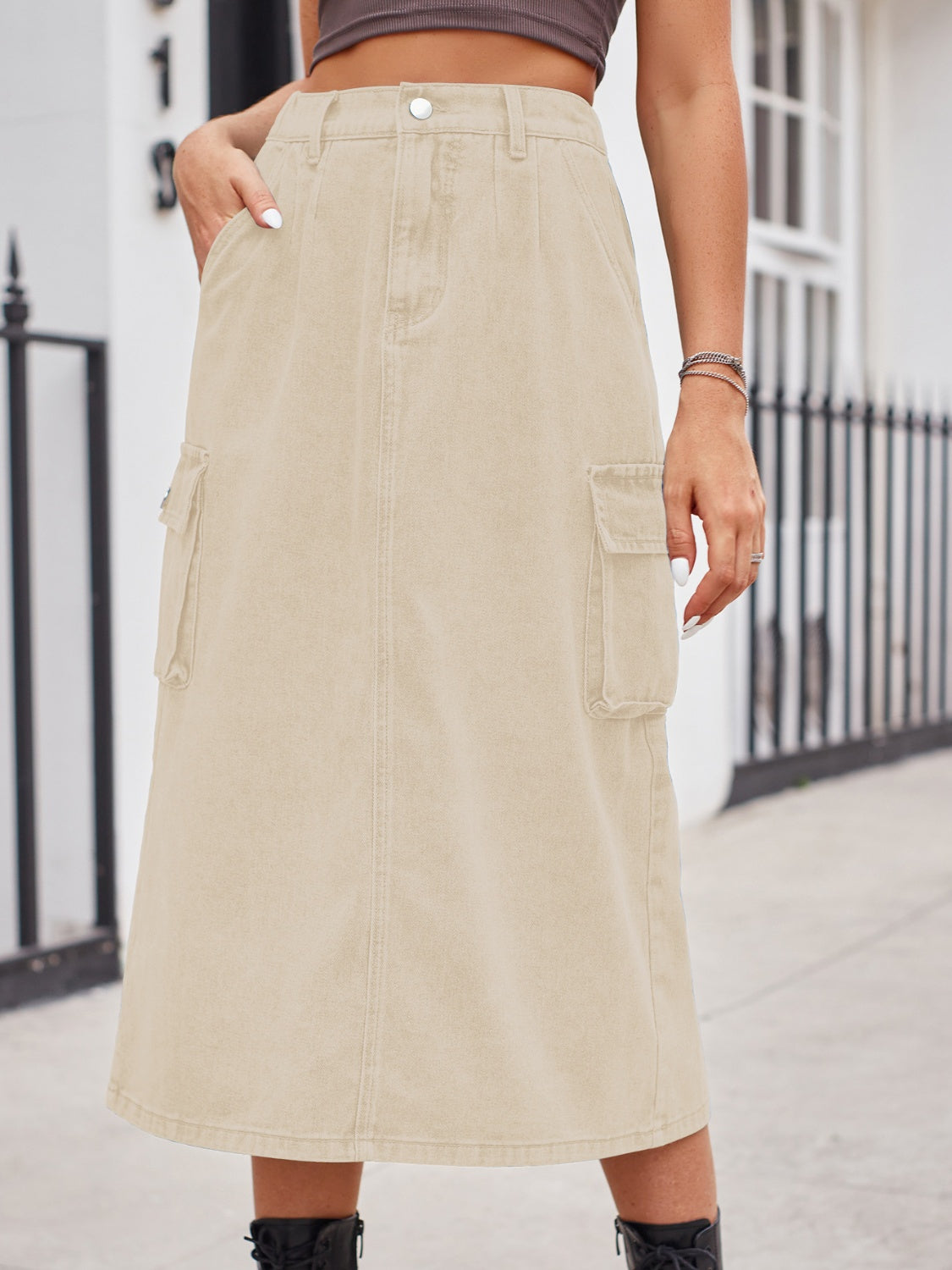 Slit Buttoned Denim Skirt with Pockets-Angel Casuals