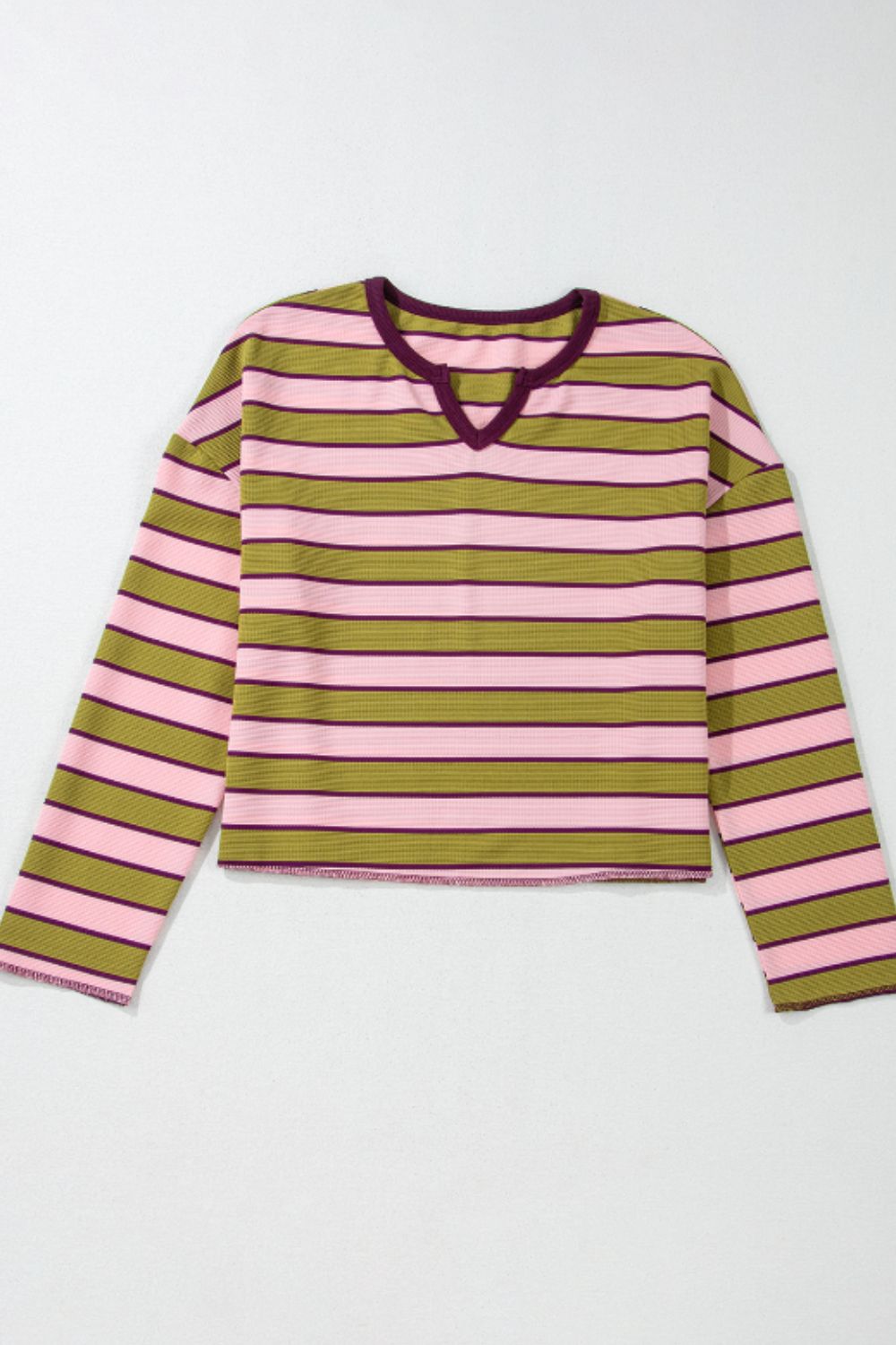 Striped Notched Long Sleeve T-Shirt-Angel Casuals