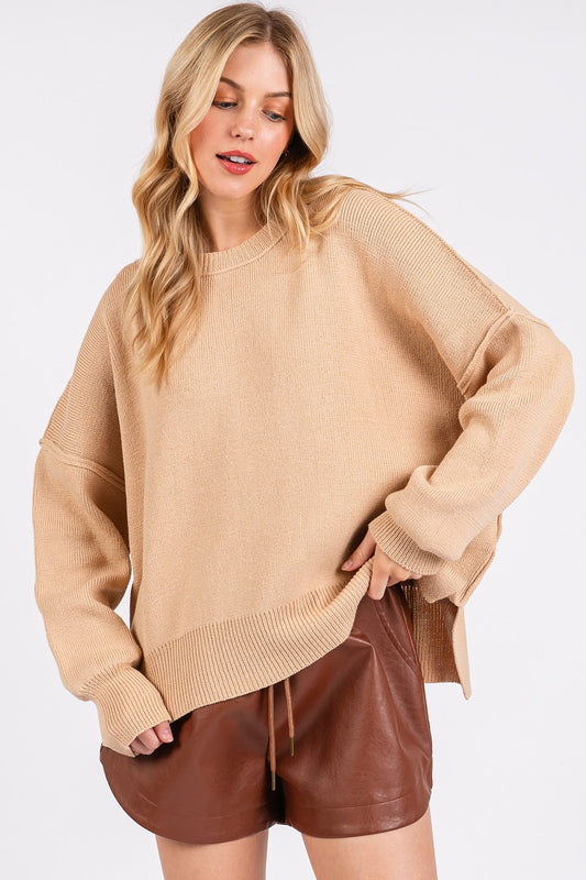 Mittoshop Side Slit Round Neck Drop Shoulder Sweater-Angel Casuals