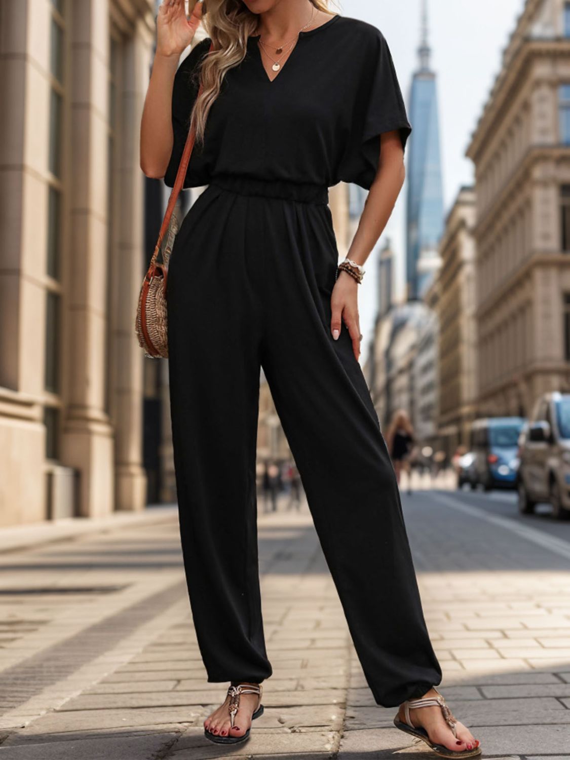 Notched Half Sleeve Straight Jumpsuit-Angel Casuals