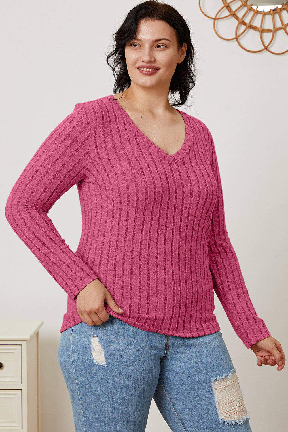 Basic Bae Full Size Ribbed V-Neck Long Sleeve T-Shirt-Angel Casuals