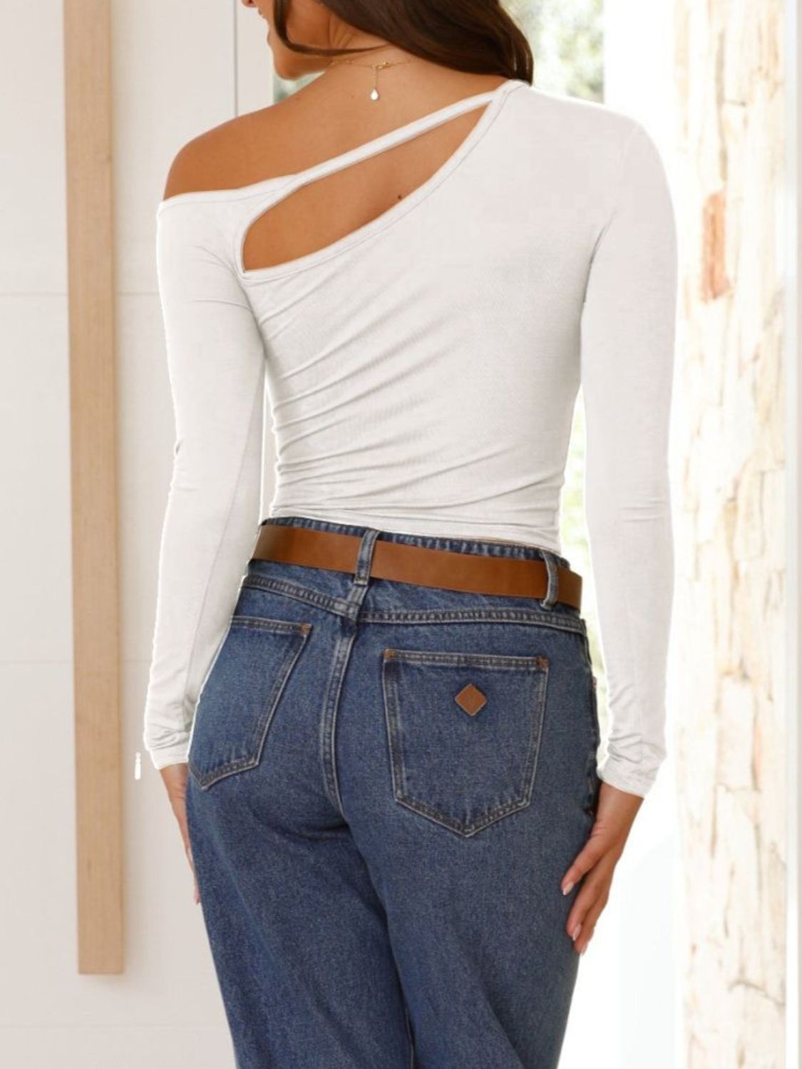 Cutout Asymmetrical Neck Long Sleeve T-Shirt-Angel Casuals