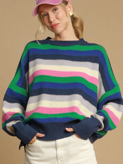 Contrast Striped Round Neck Long Sleeve Sweater-Angel Casuals