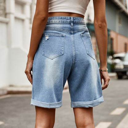 Distressed Buttoned Denim Shorts with Pockets-Angel Casuals