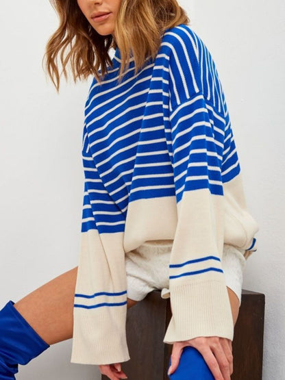 Striped Mock Neck Long Sleeve Sweater-Angel Casuals