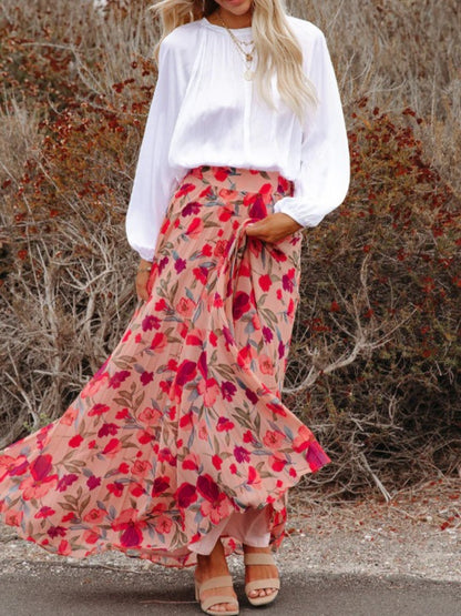 Printed Elastic Waist Pleated Maxi Skirt-Angel Casuals