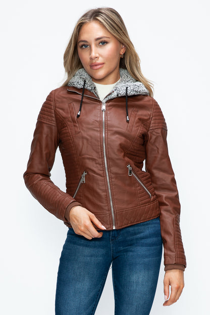 YMI Faux Layered Double-Zipper Jacket with Fuzzy Hood-Angel Casuals