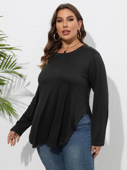 Plus Size Round Neck Long Sleeve Slit T-Shirt-Angel Casuals