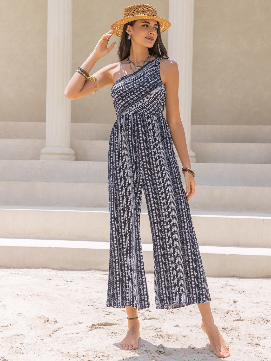 Printed Single Shoulder Sleeveless Jumpsuit-Angel Casuals