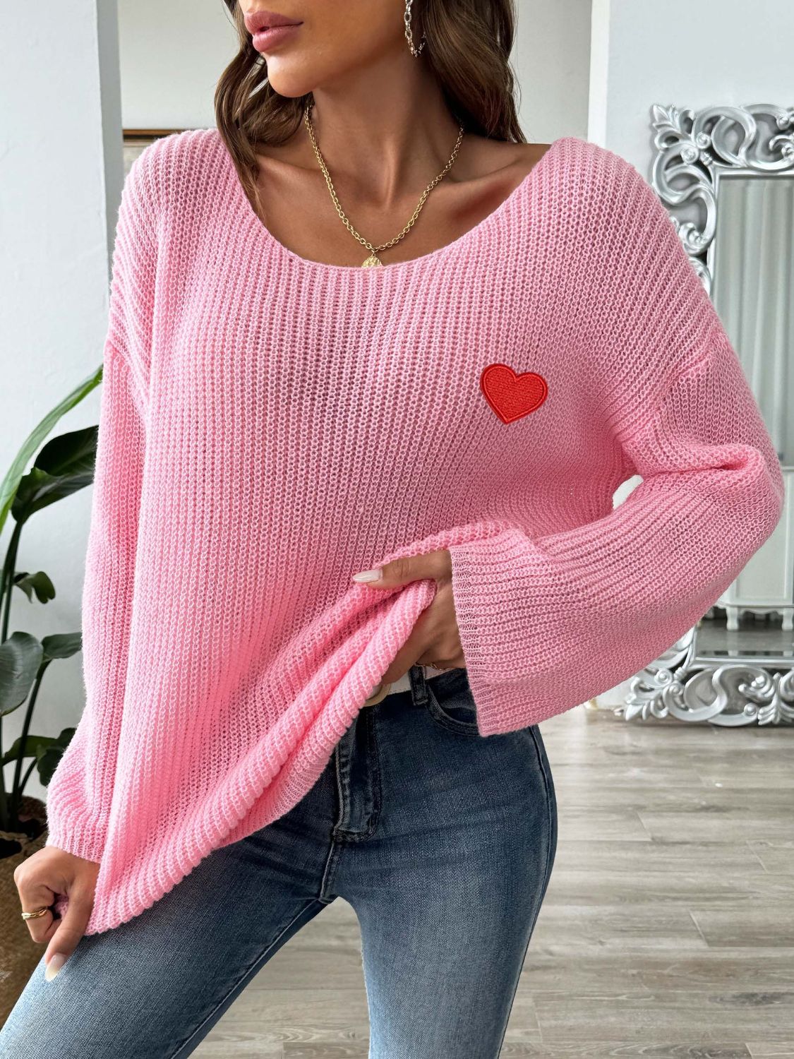 Heart Boat Neck Dropped Shoulder Sweater-Angel Casuals