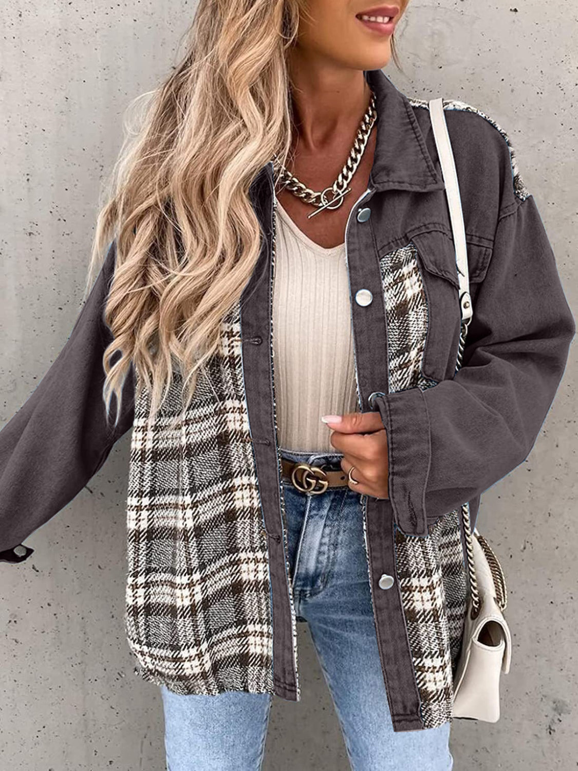 Plaid Button Up Dropped Shoulder Jacket-Angel Casuals