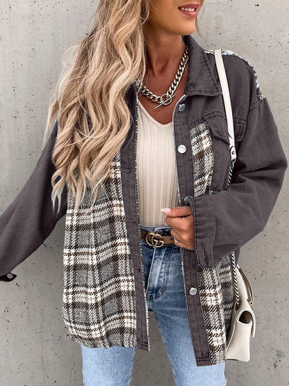 Plaid Button Up Dropped Shoulder Jacket-Angel Casuals