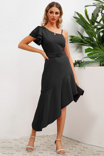 Ruffled Asymmetrical Neck Flutter Sleeve Dress-Angel Casuals