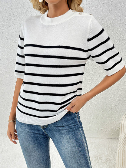 Striped Round Neck Half Sleeve Knit Top-Angel Casuals