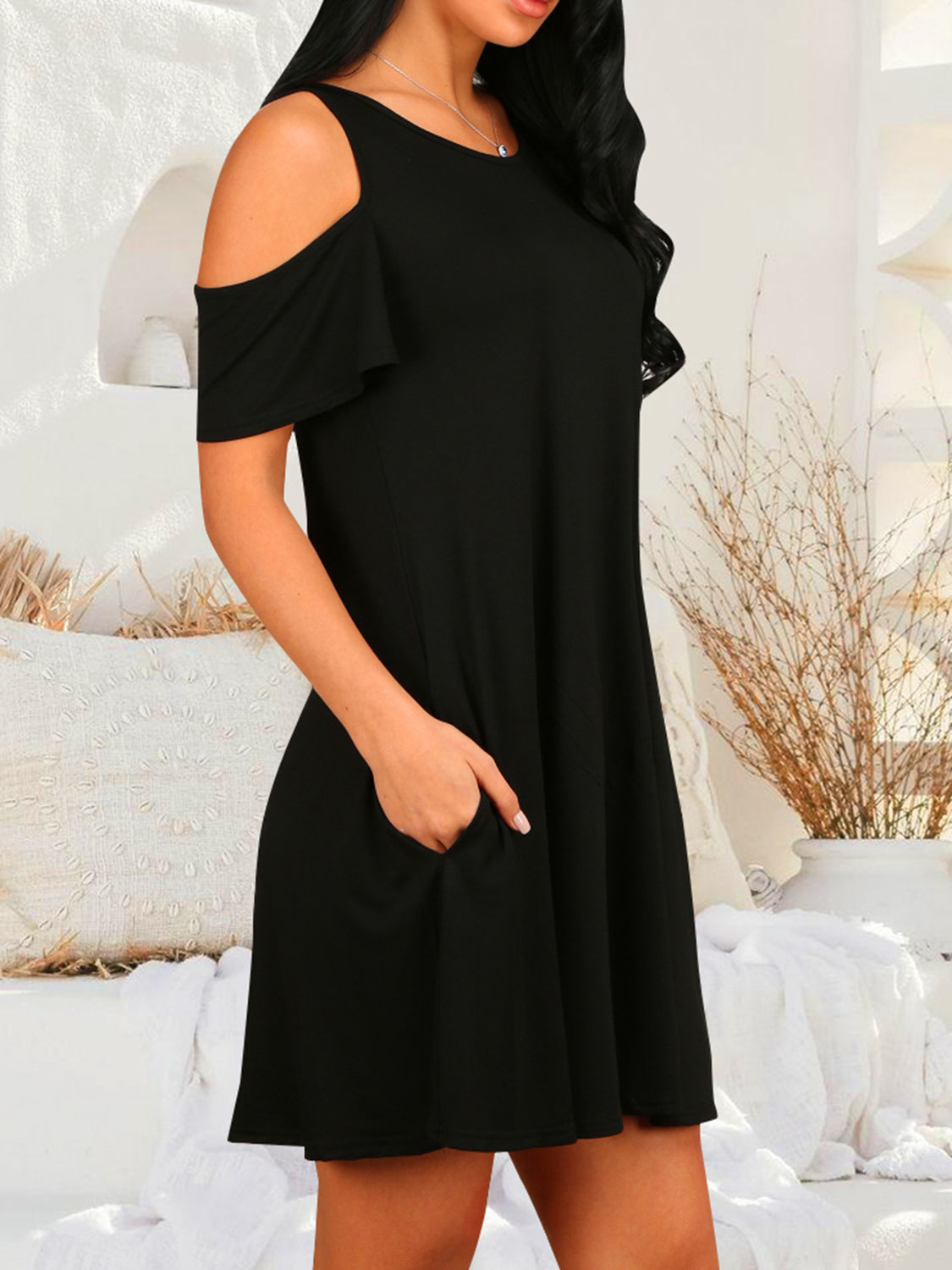 Round Neck Cold Shoulder Short Sleeve Dress-Angel Casuals