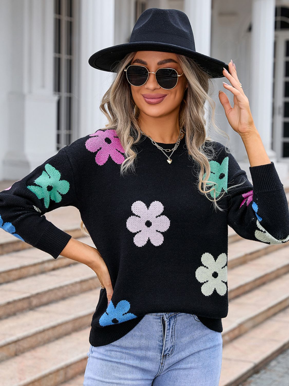 Angel Wings Flower Round Neck Long Sleeve Sweater-Angel Casuals