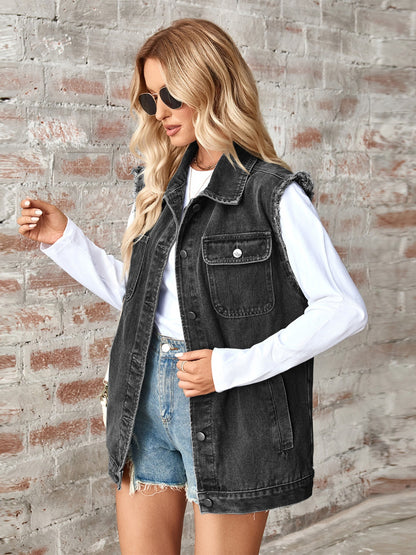 Raw Hem Sleeveless Button Up Denim Jacket-Angel Casuals