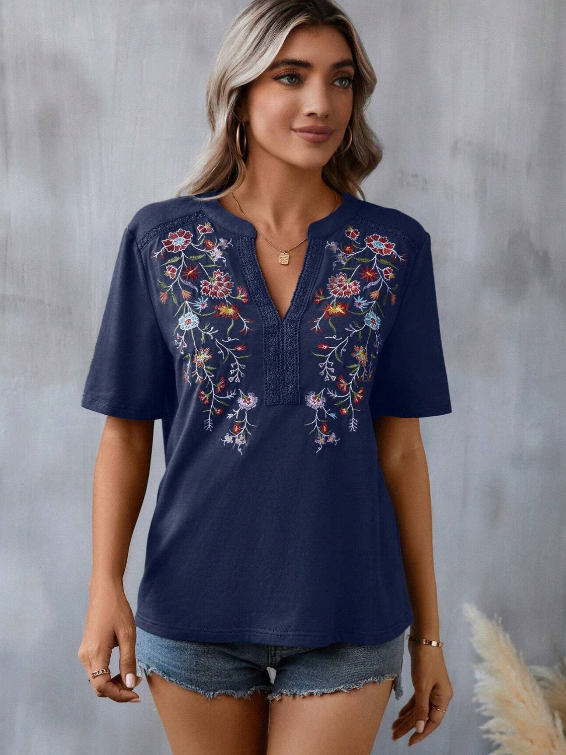 Embroidered Notched Short Sleeve T-Shirt-Angel Casuals