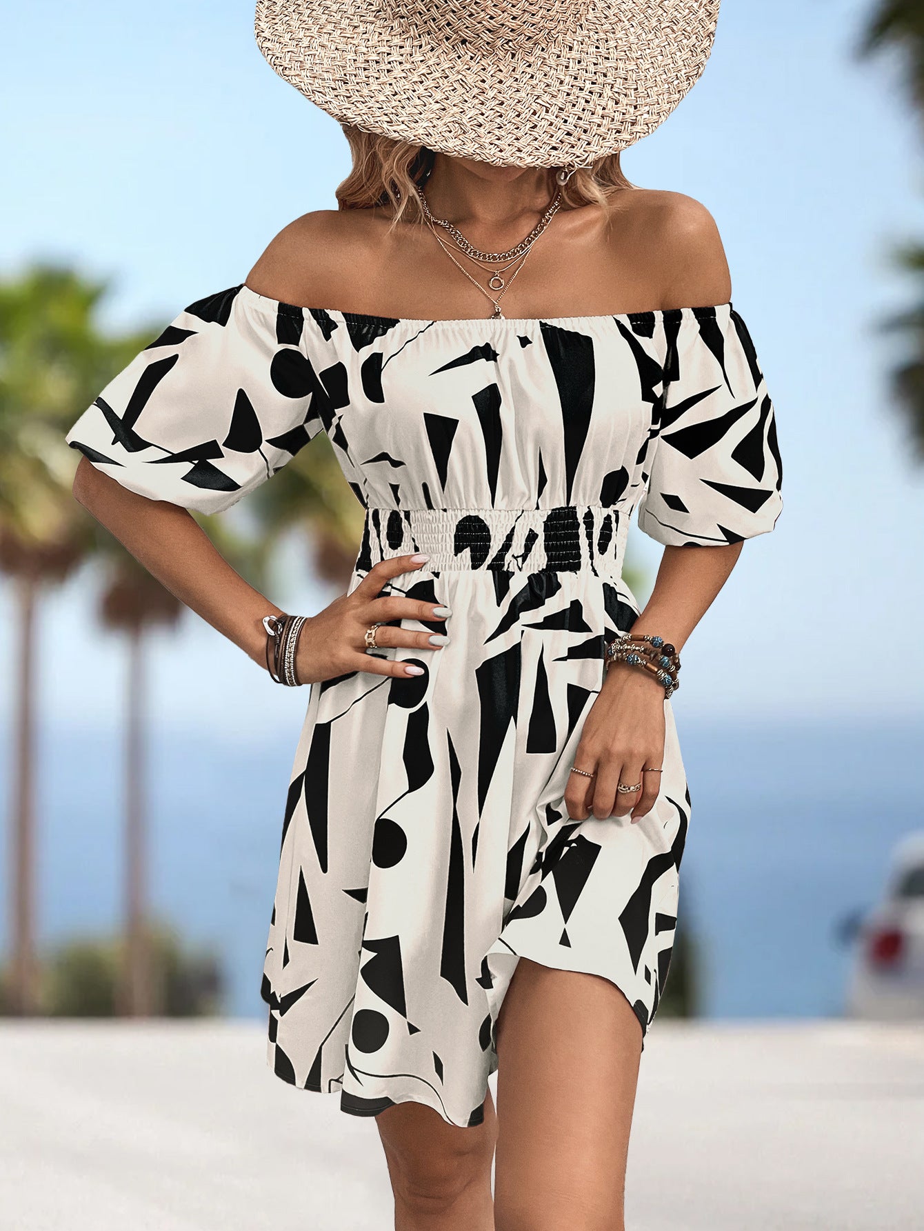 Printed Off-Shoulder Smocked Waist Dress-Angel Casuals