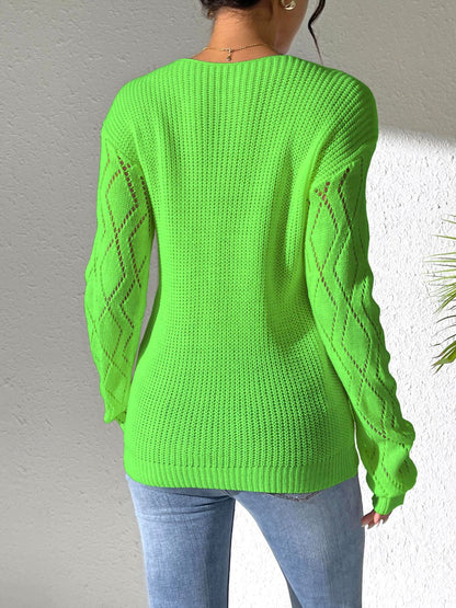 Openwork V-Neck Long Sleeve Sweater-Angel Casuals