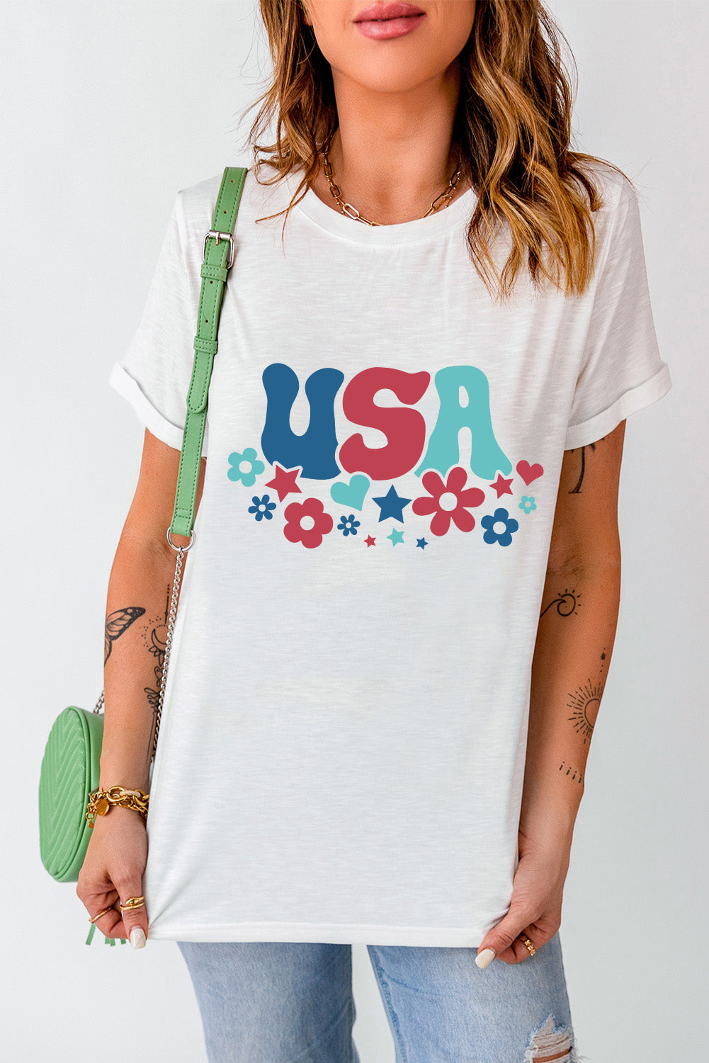 USA Round Neck Short Sleeve T-Shirt-Angel Casuals