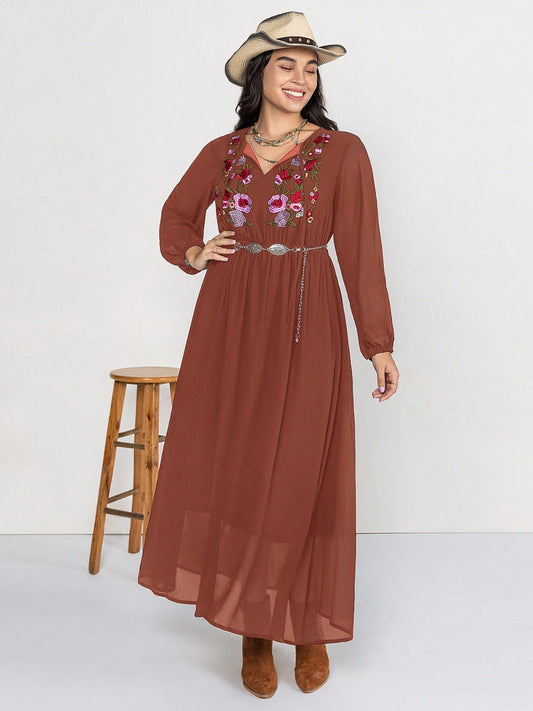 Plus Size Embroidered Tie Neck Long Sleeve Dress-Angel Casuals