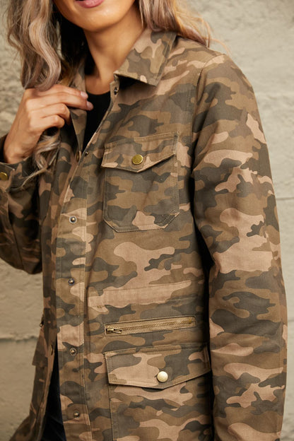 Double Take Camouflage Snap Down Jacket-Angel Casuals