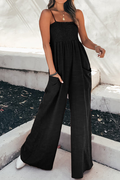 Smocked Spaghetti Strap Wide Leg Jumpsuit-Angel Casuals