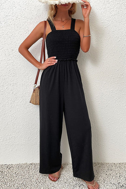 Smocked Sleeveless Wide Leg Jumpsuit with Pockets-Angel Casuals