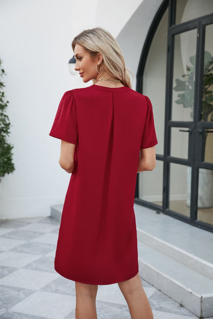 Notched Puff Sleeve Shift Dress-Angel Casuals