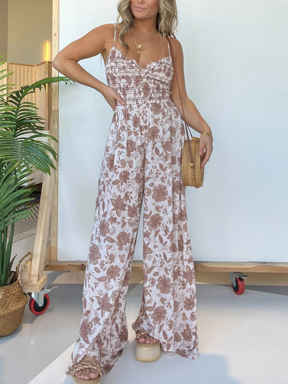 Full Size Printed Spaghetti Strap Wide Leg Jumpsuit-Angel Casuals