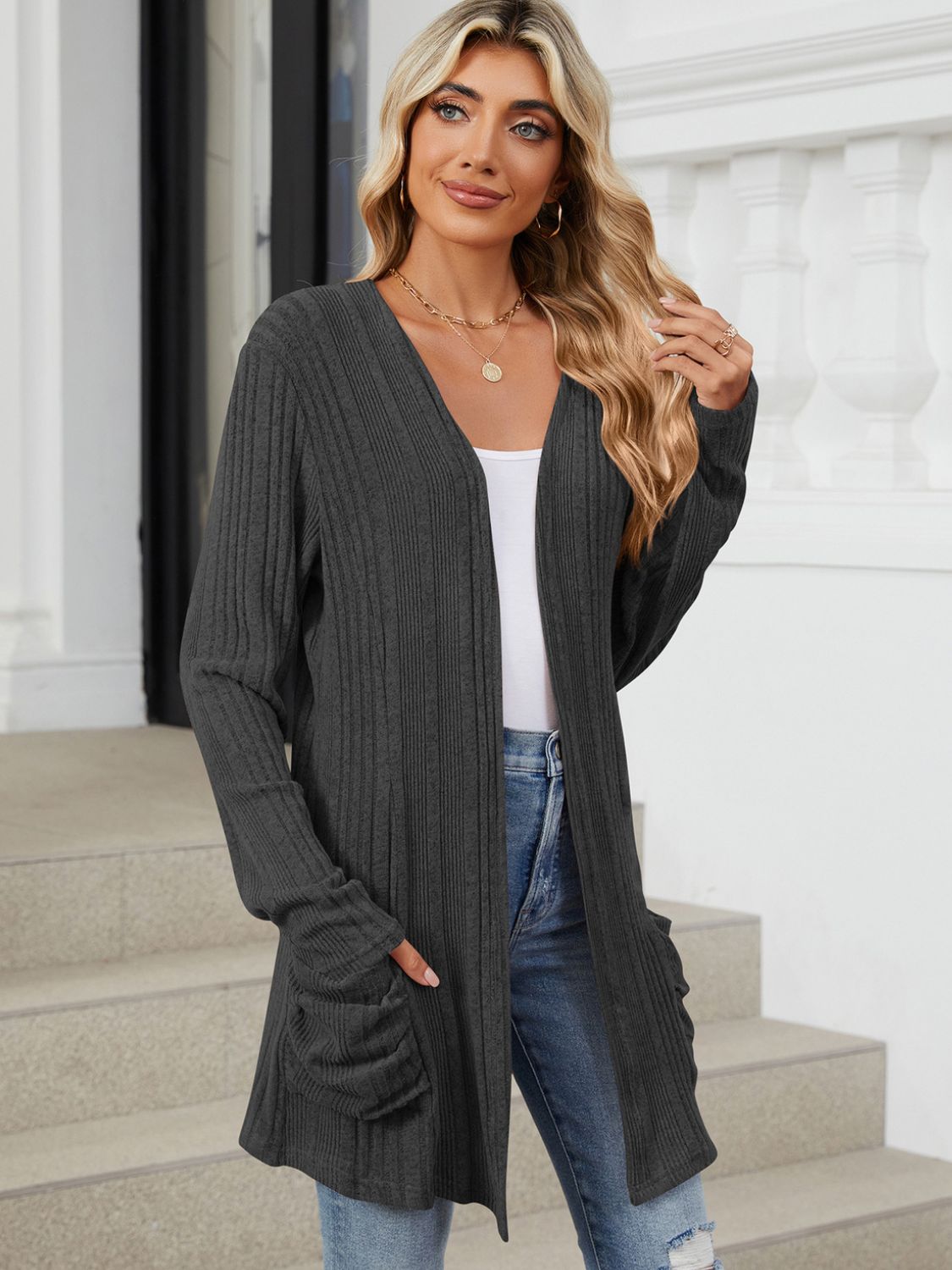 Pocketed Open Front Long Sleeve Cardigan-Angel Casuals