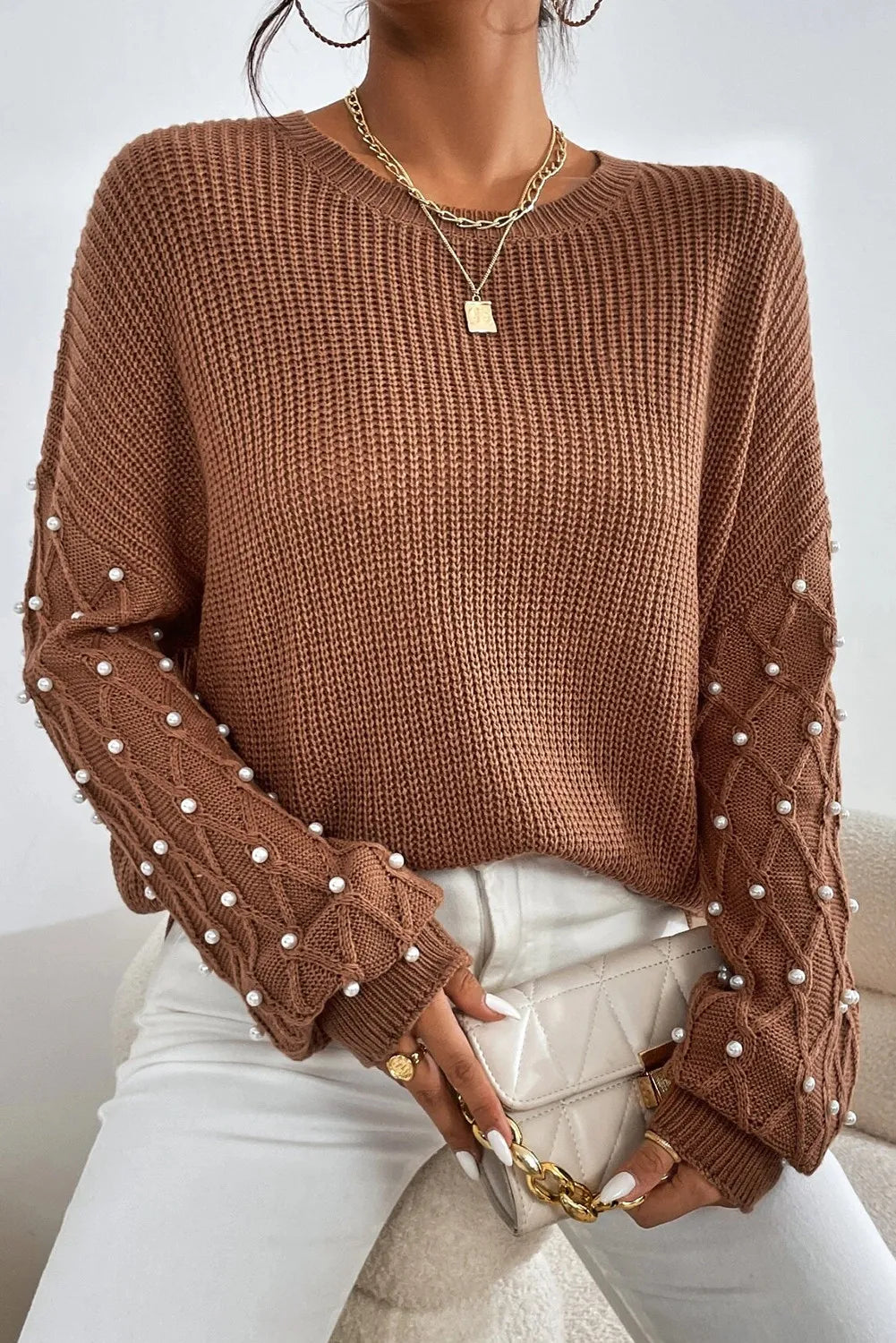 Pearl Detail Round Neck Long Sleeve Sweater-Angel Casuals