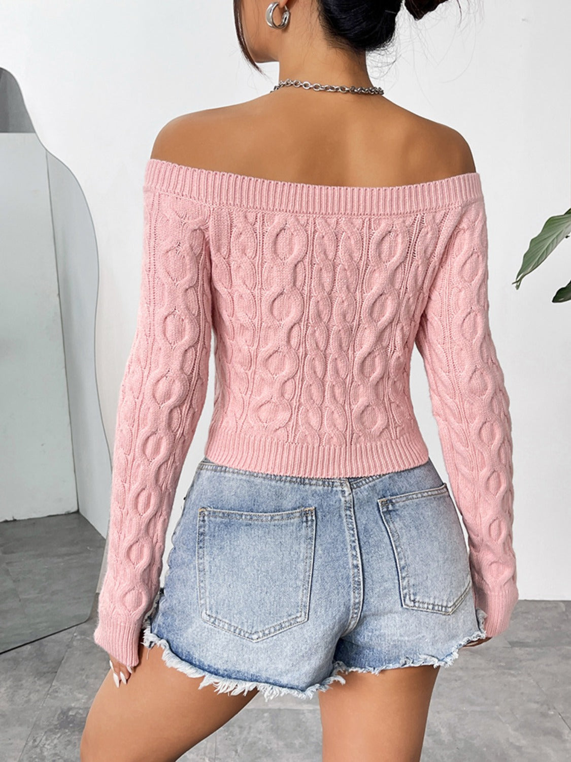 Cable-Knit Off-Shoulder Long Sleeve Knit Top-Angel Casuals