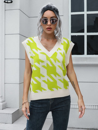 Houndstooth V-Neck Sweater Vest-Angel Casuals